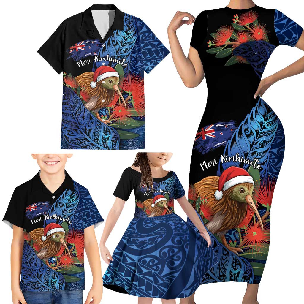 Personalised New Zealand Christmas Family Matching Short Sleeve Bodycon Dress and Hawaiian Shirt Santa Kiwi Bird With Pohutukawa Flowers - Polynesian Pride