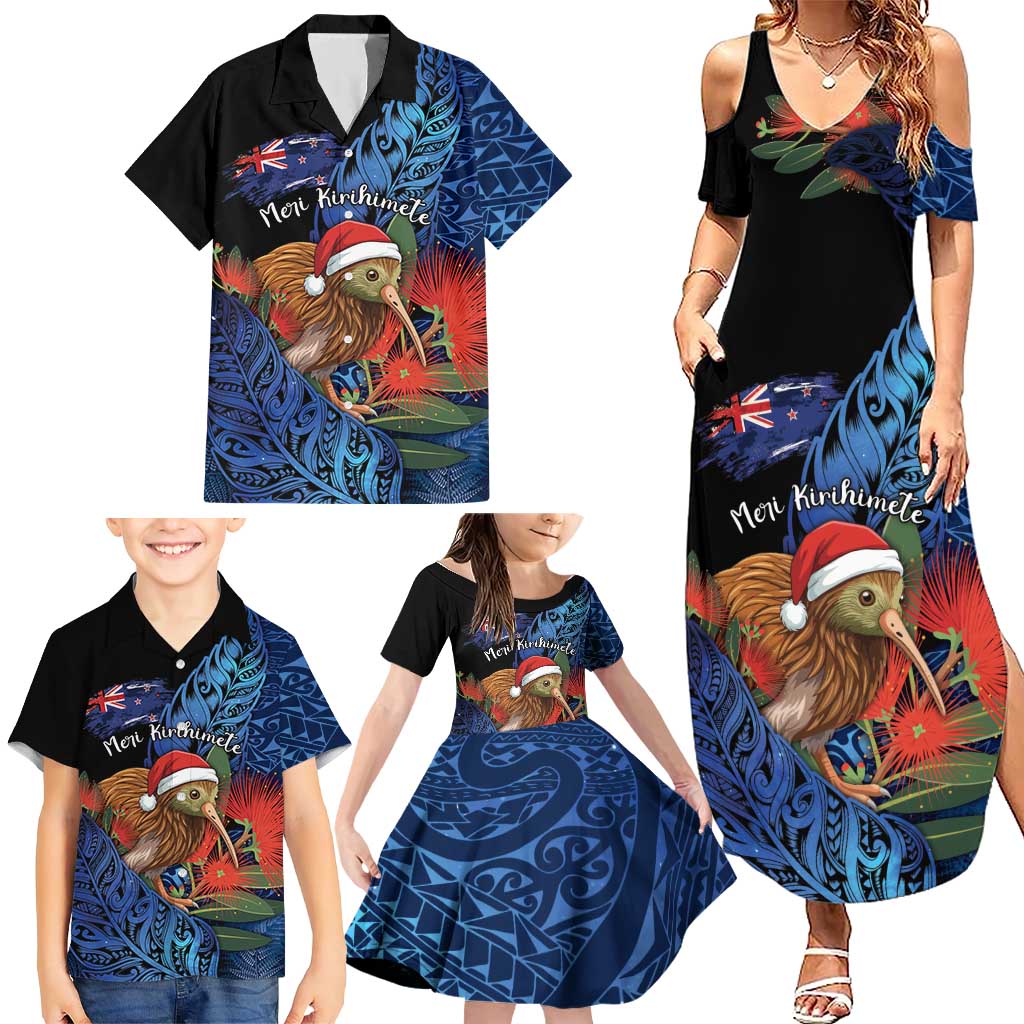 Personalised New Zealand Christmas Family Matching Summer Maxi Dress and Hawaiian Shirt Santa Kiwi Bird With Pohutukawa Flowers DT05 - Polynesian Pride