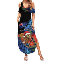 Personalised New Zealand Christmas Family Matching Summer Maxi Dress and Hawaiian Shirt Santa Kiwi Bird With Pohutukawa Flowers DT05 Mom's Dress Navy - Polynesian Pride