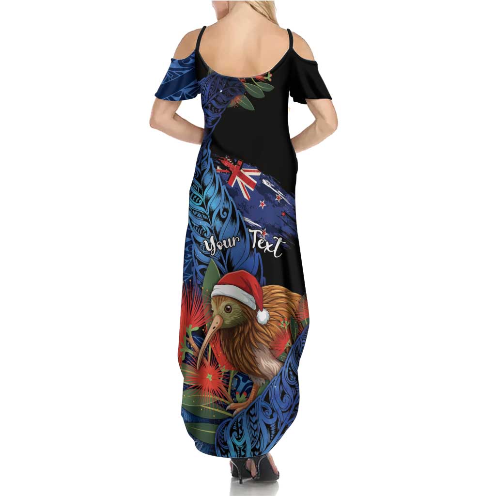 Personalised New Zealand Christmas Family Matching Summer Maxi Dress and Hawaiian Shirt Santa Kiwi Bird With Pohutukawa Flowers DT05 - Polynesian Pride