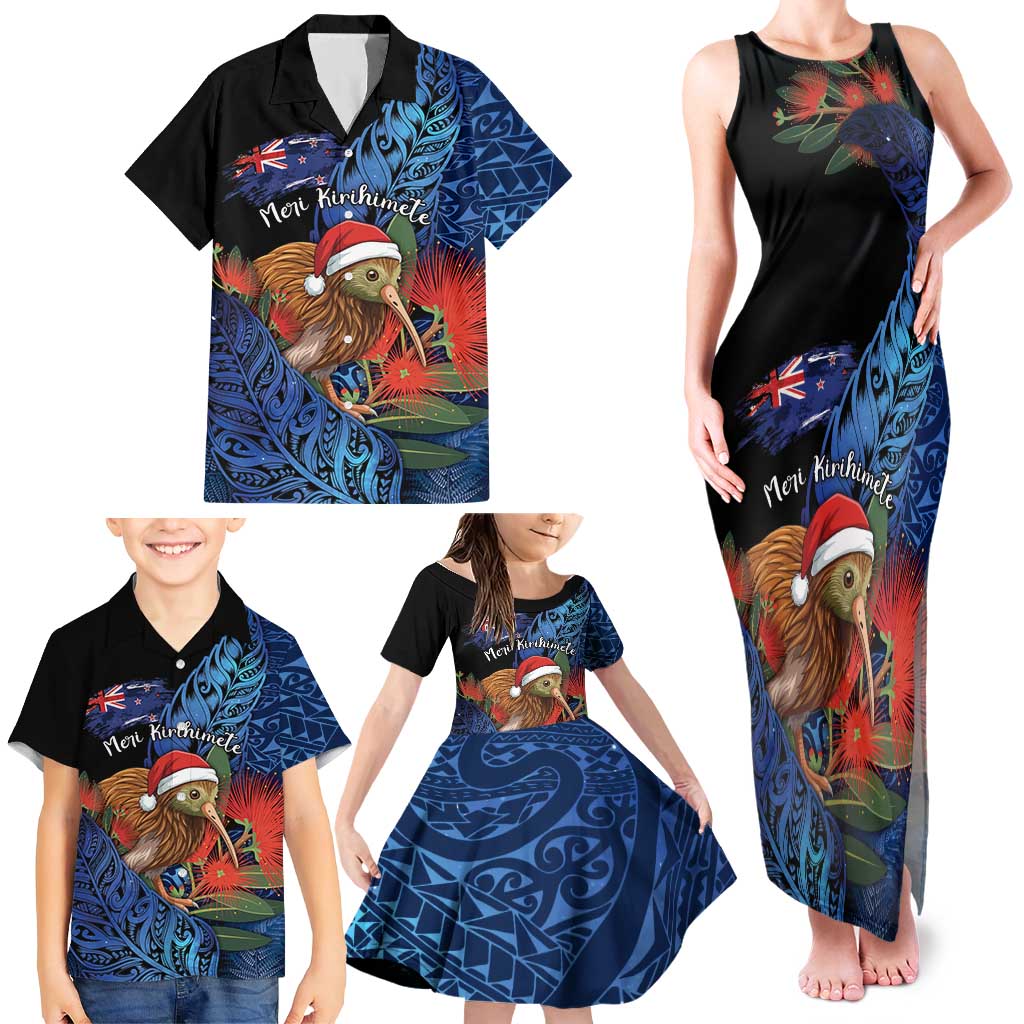 Personalised New Zealand Christmas Family Matching Tank Maxi Dress and Hawaiian Shirt Santa Kiwi Bird With Pohutukawa Flowers DT05 - Polynesian Pride