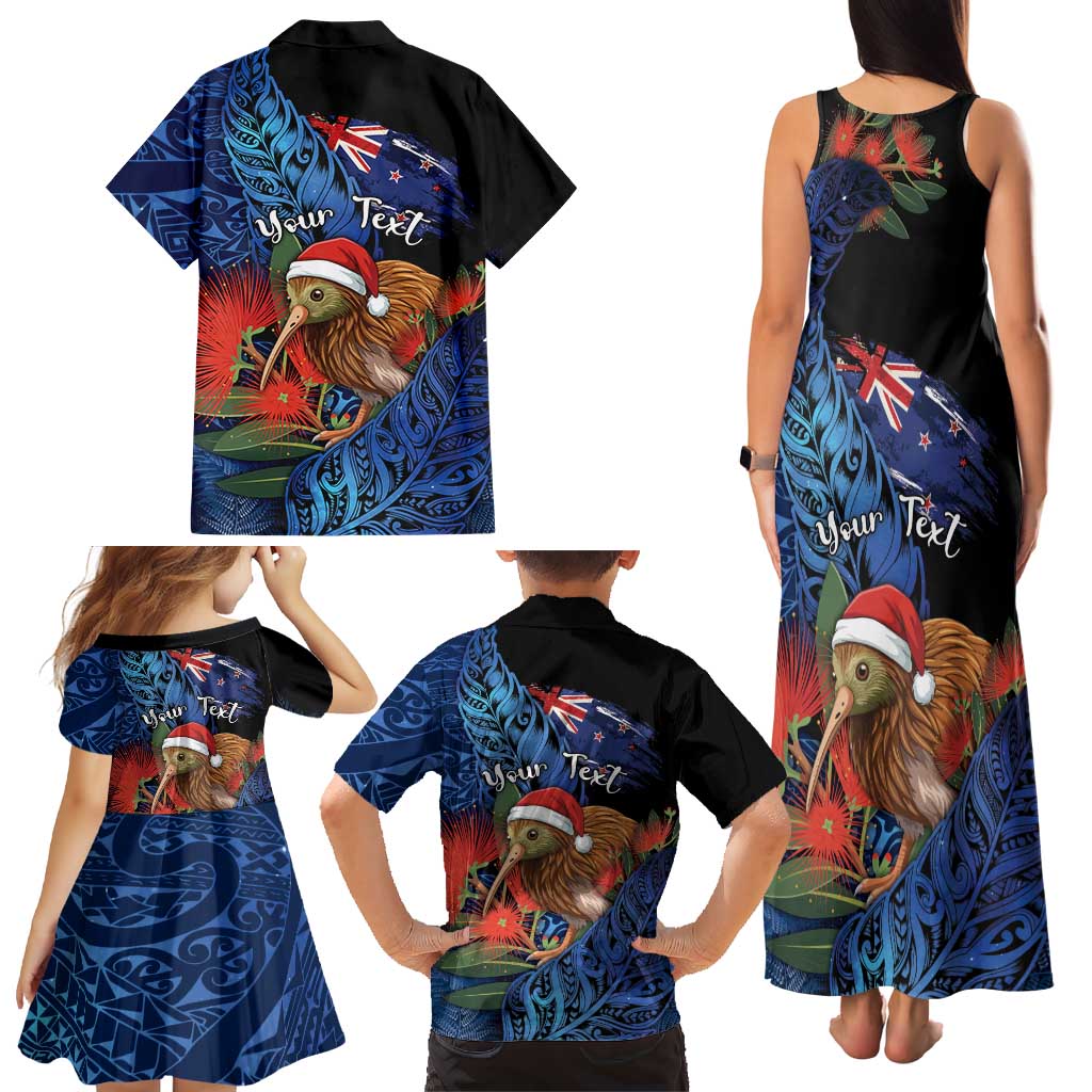 Personalised New Zealand Christmas Family Matching Tank Maxi Dress and Hawaiian Shirt Santa Kiwi Bird With Pohutukawa Flowers DT05 - Polynesian Pride