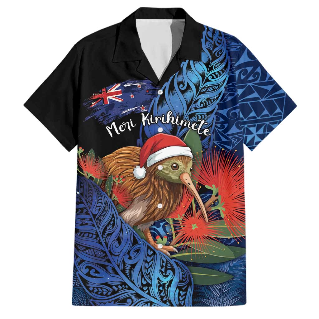 Personalised New Zealand Christmas Family Matching Tank Maxi Dress and Hawaiian Shirt Santa Kiwi Bird With Pohutukawa Flowers DT05 Dad's Shirt - Short Sleeve Navy - Polynesian Pride