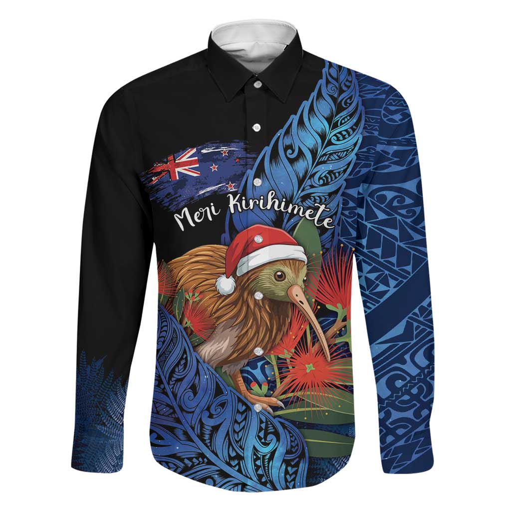 Personalised New Zealand Christmas Family Matching Tank Maxi Dress and Hawaiian Shirt Santa Kiwi Bird With Pohutukawa Flowers DT05 Dad's Shirt - Long Sleeve Navy - Polynesian Pride