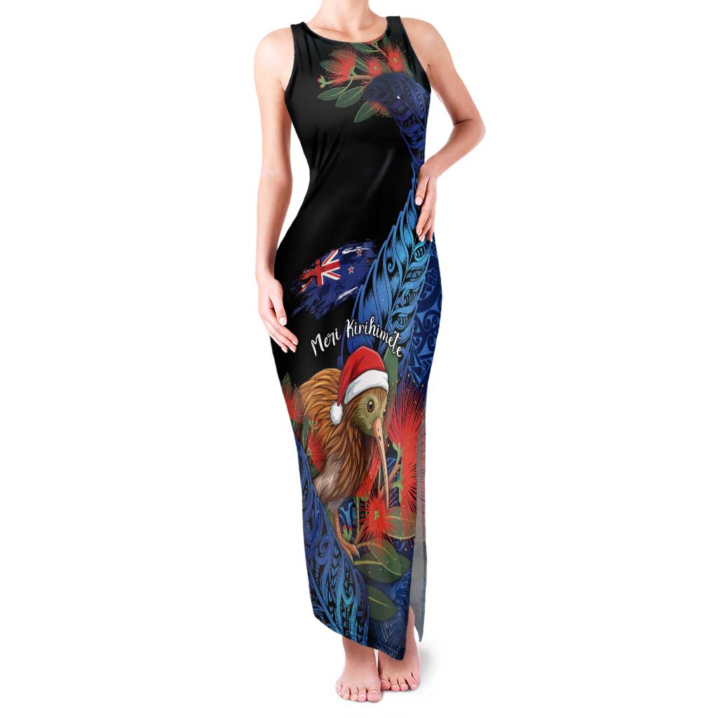 Personalised New Zealand Christmas Family Matching Tank Maxi Dress and Hawaiian Shirt Santa Kiwi Bird With Pohutukawa Flowers DT05 Mom's Dress Navy - Polynesian Pride