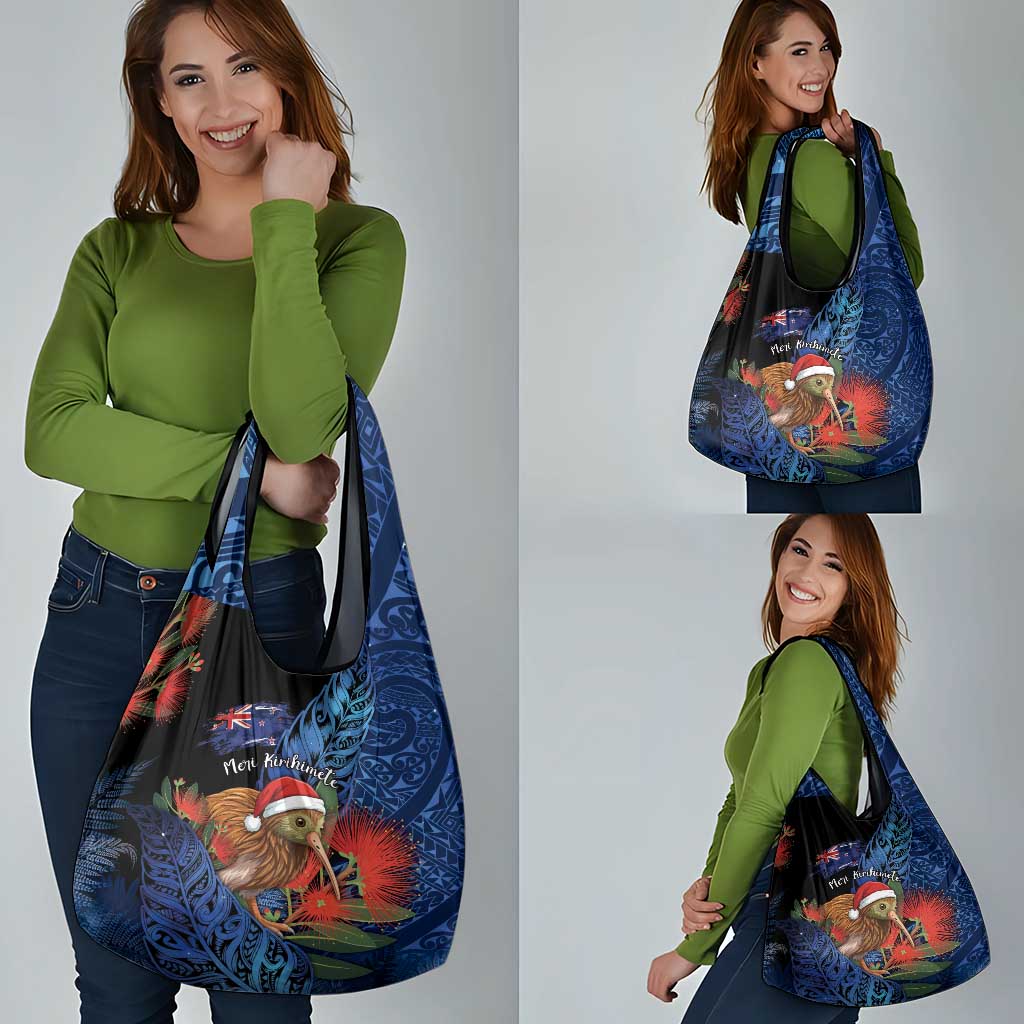 New Zealand Christmas Grocery Bag Santa Kiwi Bird With Pohutukawa Flowers - Polynesian Pride