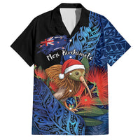 Personalised New Zealand Christmas Hawaiian Shirt Santa Kiwi Bird With Pohutukawa Flowers DT05 Navy - Polynesian Pride
