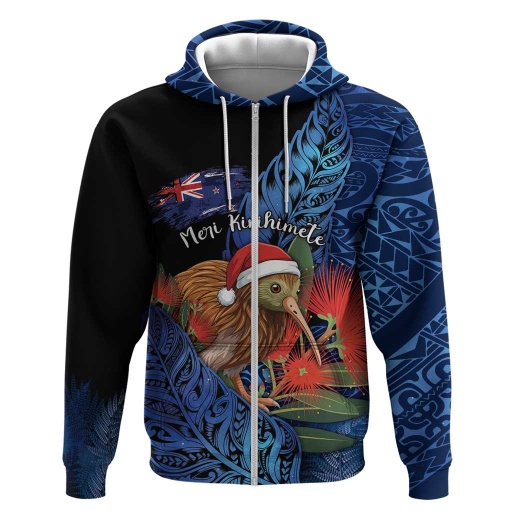 Personalised New Zealand Christmas Hoodie Santa Kiwi Bird With Pohutukawa Flowers DT05 Zip Hoodie Navy - Polynesian Pride