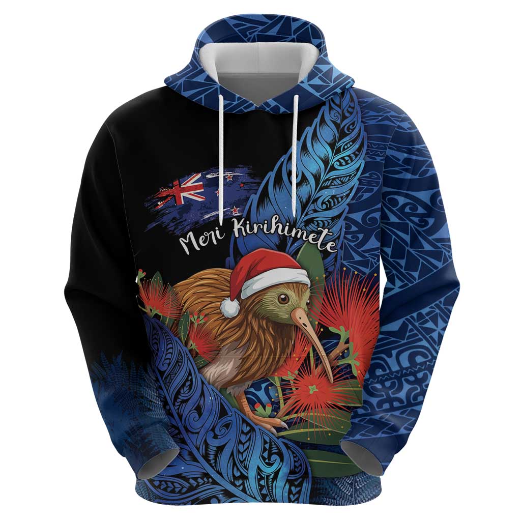 Personalised New Zealand Christmas Hoodie Santa Kiwi Bird With Pohutukawa Flowers DT05 - Polynesian Pride