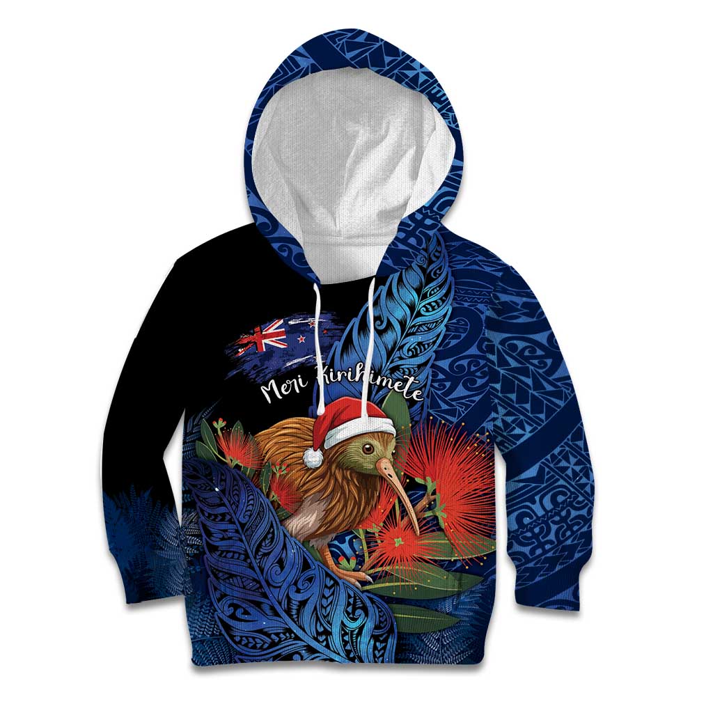 Personalised New Zealand Christmas Kid Hoodie Santa Kiwi Bird With Pohutukawa Flowers - Polynesian Pride