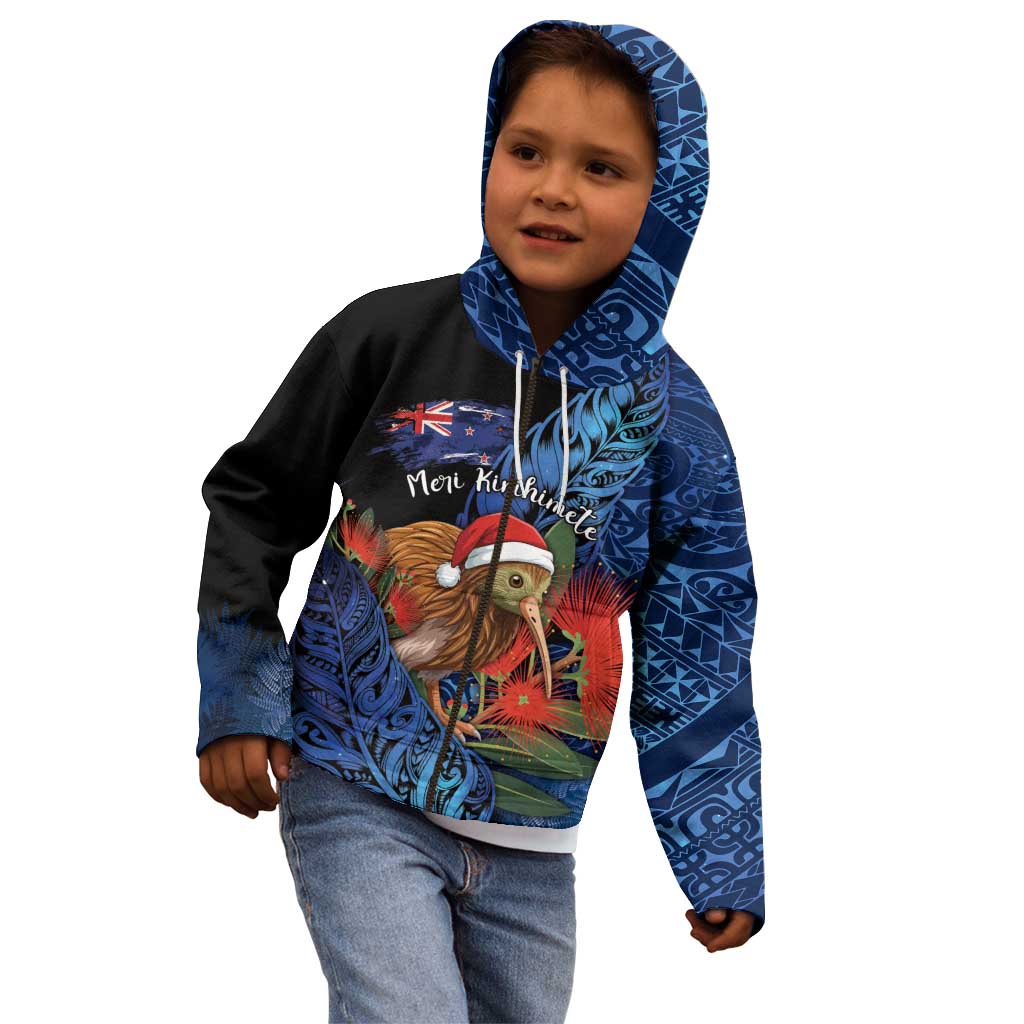 Personalised New Zealand Christmas Kid Hoodie Santa Kiwi Bird With Pohutukawa Flowers DT05 - Polynesian Pride