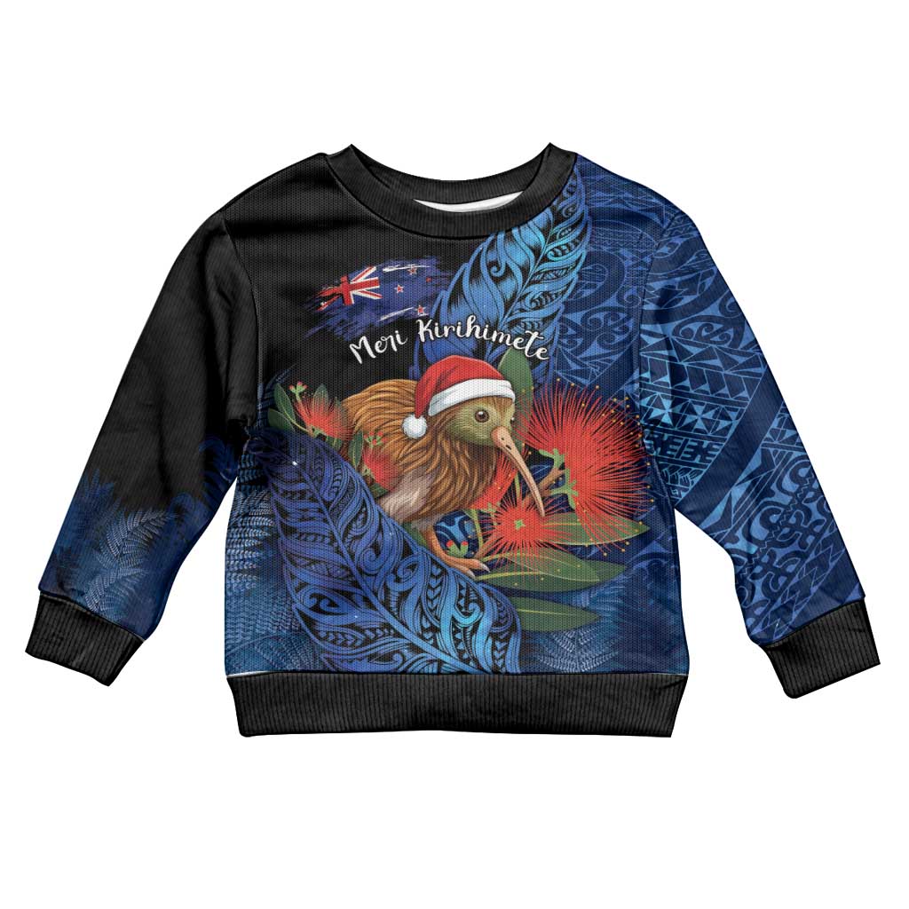 Personalised New Zealand Christmas Kid Ugly Christmas Sweater Santa Kiwi Bird With Pohutukawa Flowers DT05 Kid Navy - Polynesian Pride