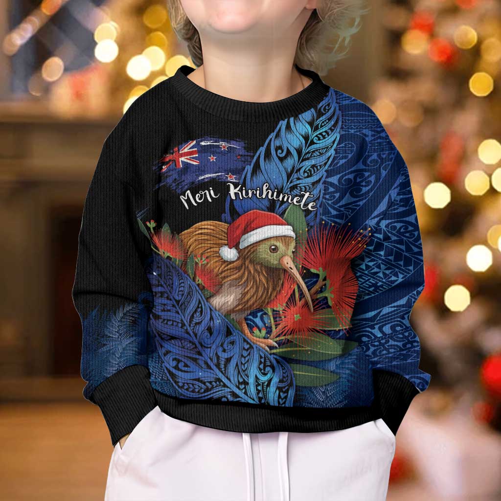 Personalised New Zealand Christmas Kid Ugly Christmas Sweater Santa Kiwi Bird With Pohutukawa Flowers DT05 - Polynesian Pride