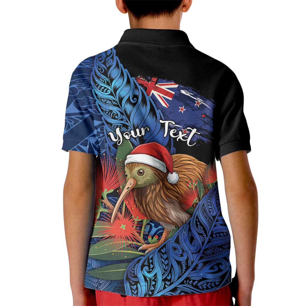 Personalised New Zealand Christmas Kid Polo Shirt Santa Kiwi Bird With Pohutukawa Flowers DT05 - Polynesian Pride