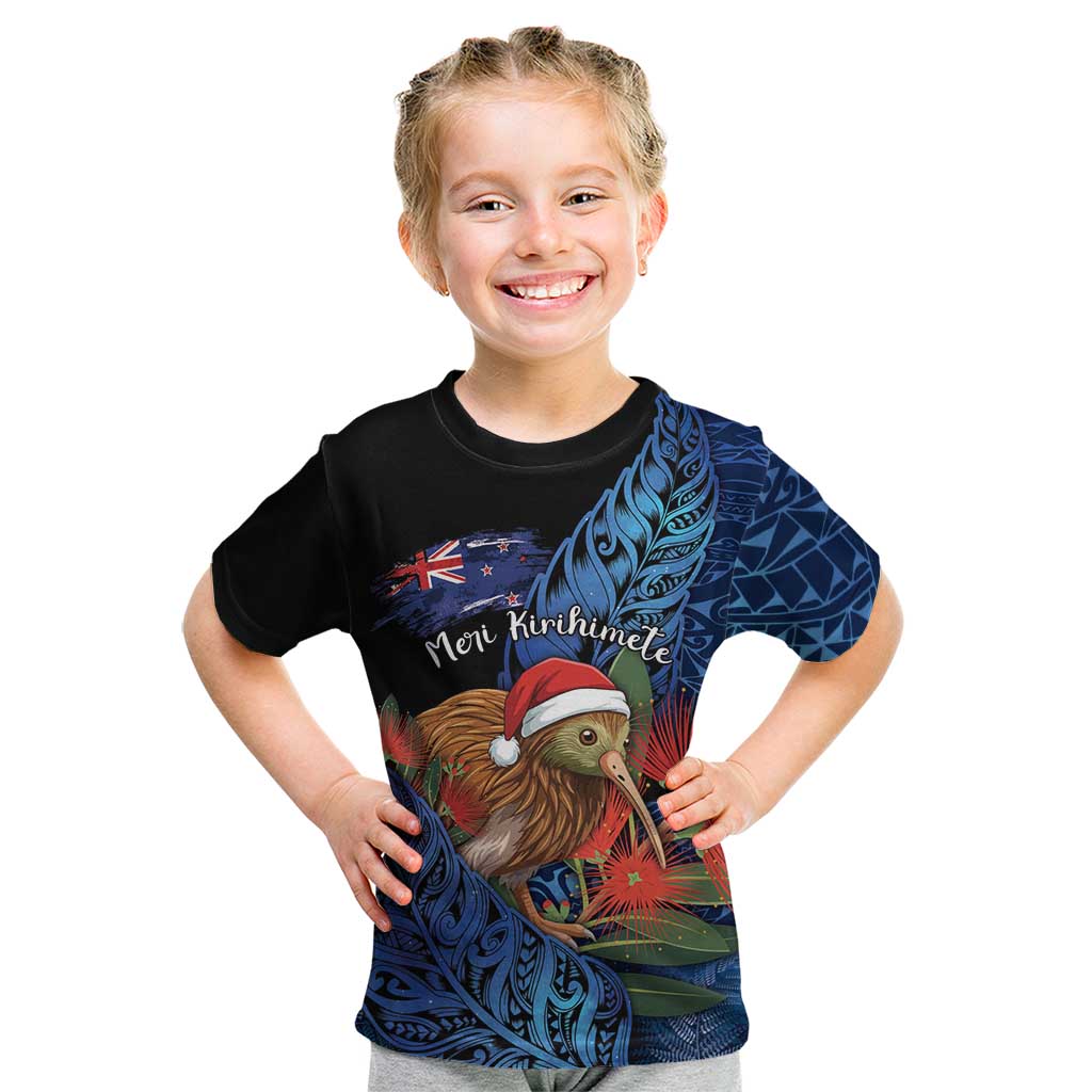 Personalised New Zealand Christmas Kid T Shirt Santa Kiwi Bird With Pohutukawa Flowers DT05 Navy - Polynesian Pride