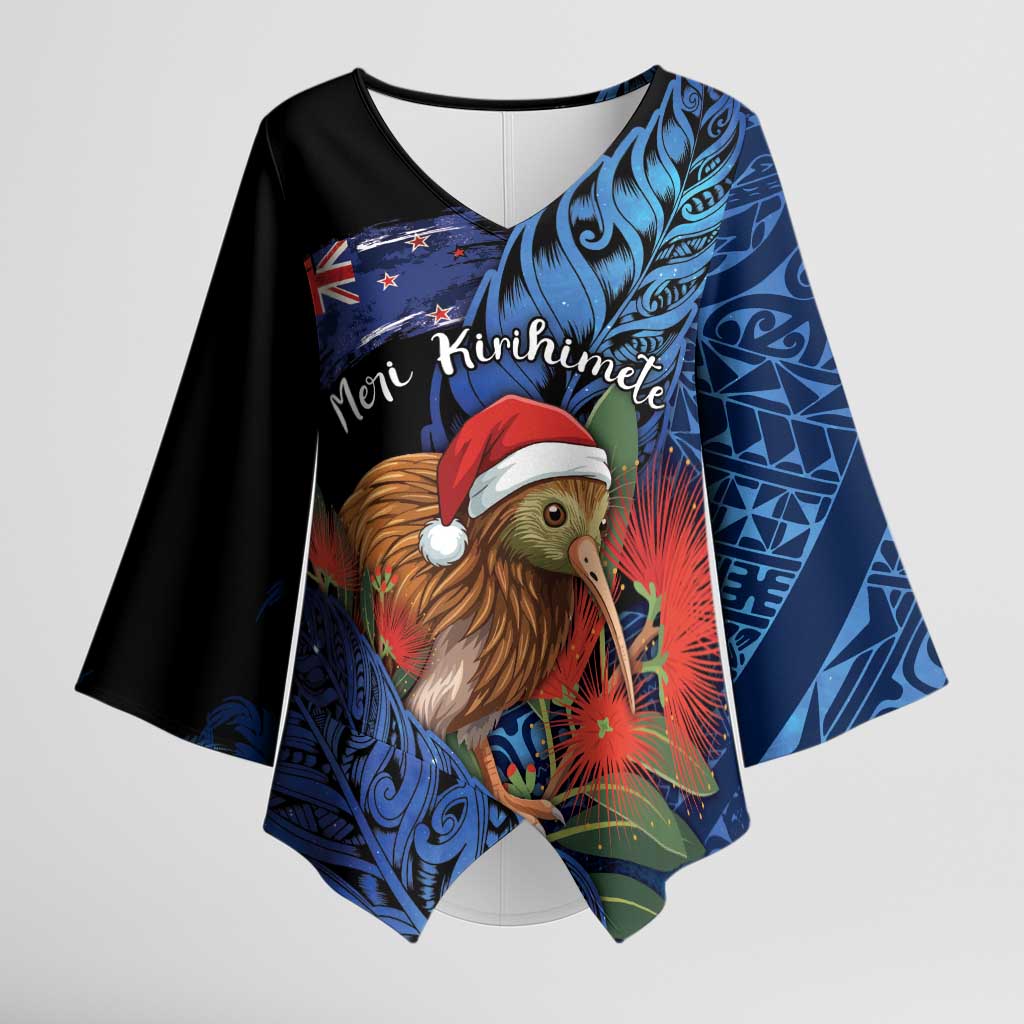 Personalised New Zealand Christmas Kimono Sleeve Blouse Santa Kiwi Bird With Pohutukawa Flowers DT05 Female Navy - Polynesian Pride