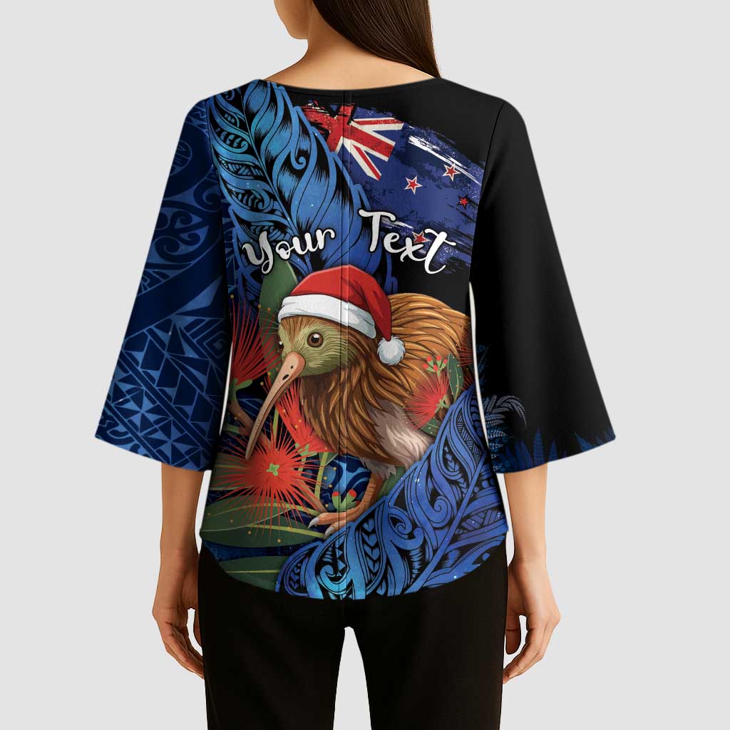 Personalised New Zealand Christmas Kimono Sleeve Blouse Santa Kiwi Bird With Pohutukawa Flowers DT05 - Polynesian Pride