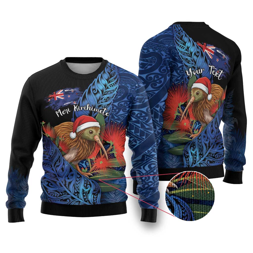 Personalised New Zealand Christmas Ugly Christmas Sweater Santa Kiwi Bird With Pohutukawa Flowers DT05 Navy - Polynesian Pride
