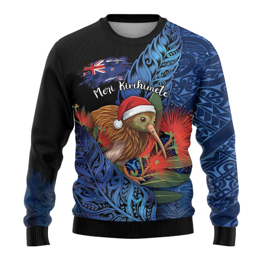 Personalised New Zealand Christmas Ugly Christmas Sweater Santa Kiwi Bird With Pohutukawa Flowers DT05 - Polynesian Pride