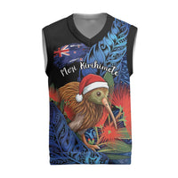Personalised New Zealand Christmas Knitted V-Neck Vest Santa Kiwi Bird With Pohutukawa Flowers DT05 Navy - Polynesian Pride