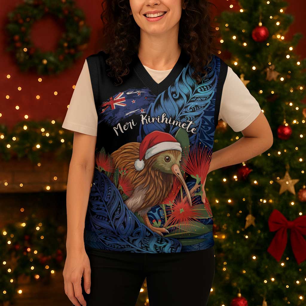Personalised New Zealand Christmas Knitted V-Neck Vest Santa Kiwi Bird With Pohutukawa Flowers DT05 - Polynesian Pride