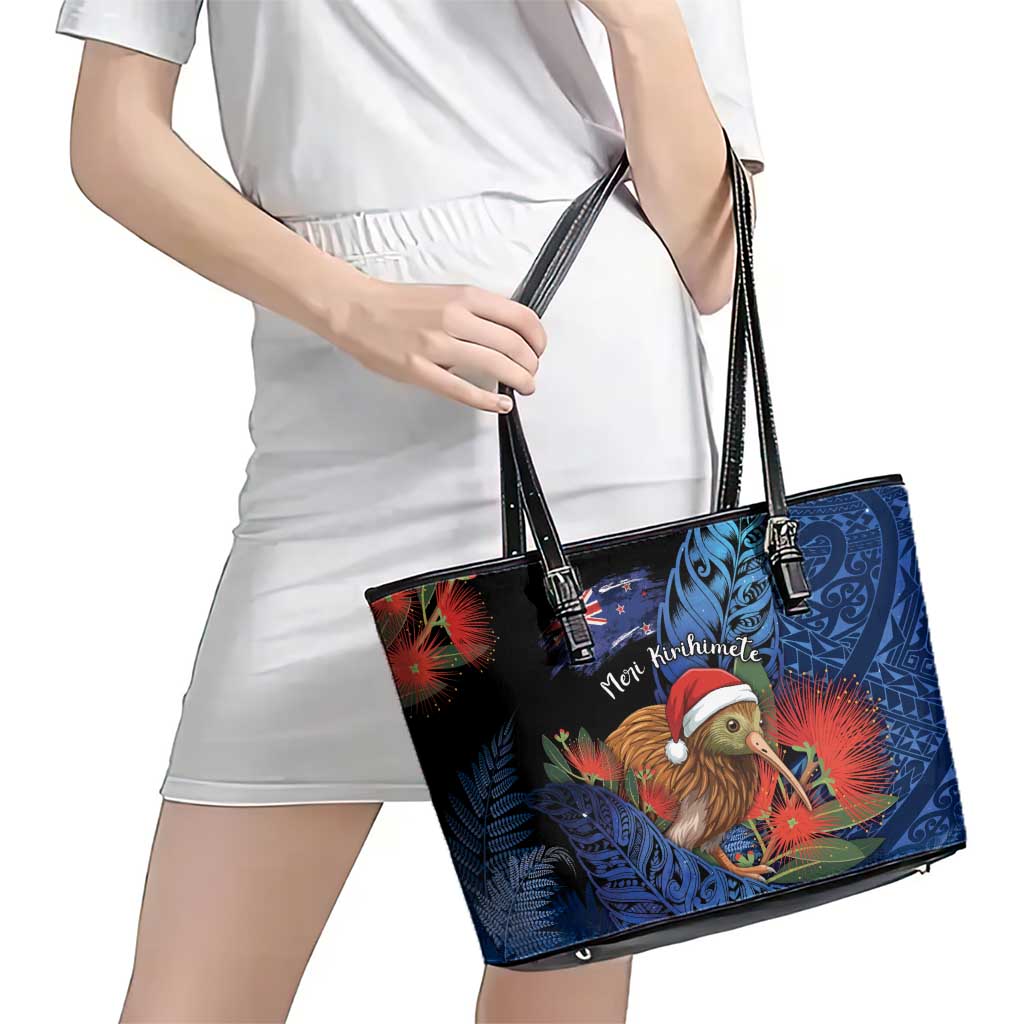 New Zealand Christmas Leather Tote Bag Santa Kiwi Bird With Pohutukawa Flowers DT05 - Polynesian Pride