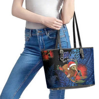 New Zealand Christmas Leather Tote Bag Santa Kiwi Bird With Pohutukawa Flowers DT05 - Polynesian Pride