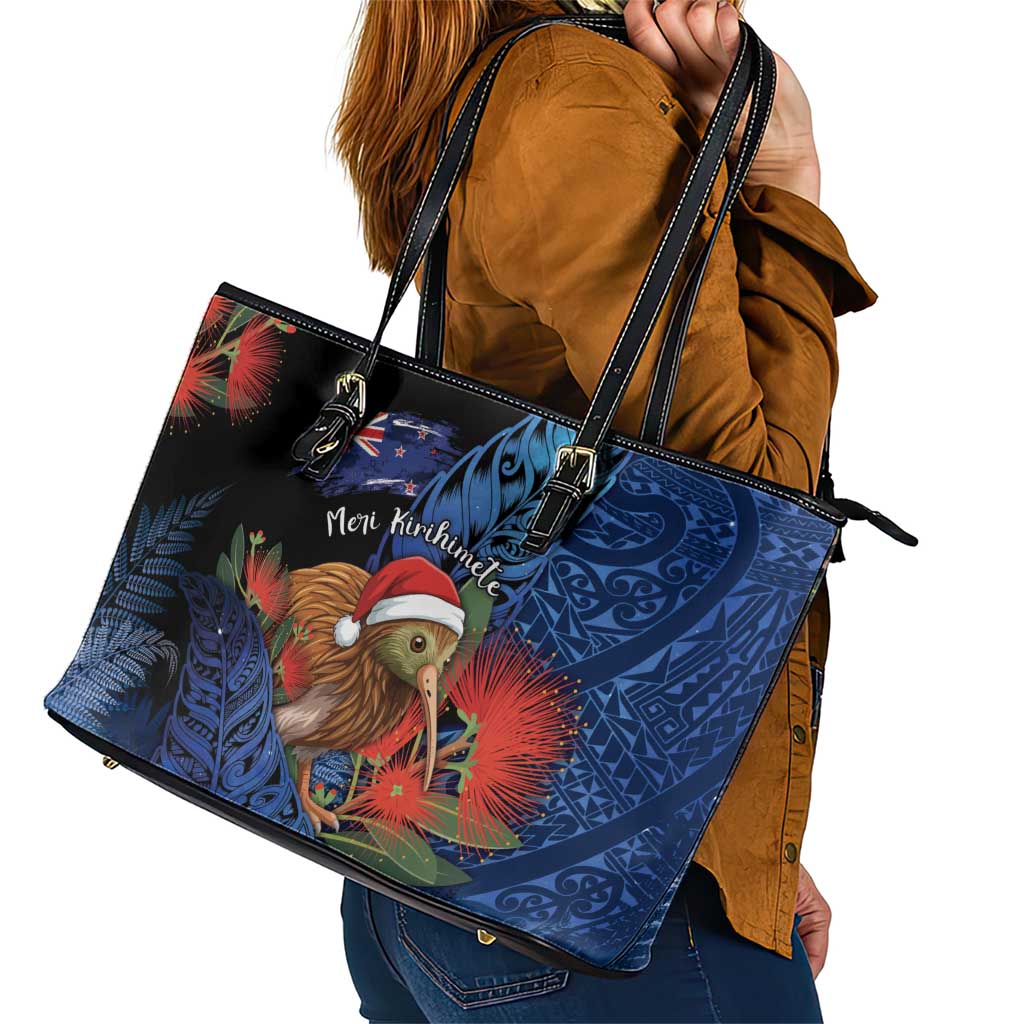 New Zealand Christmas Leather Tote Bag Santa Kiwi Bird With Pohutukawa Flowers DT05 - Polynesian Pride