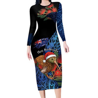 Personalised New Zealand Christmas Long Sleeve Bodycon Dress Santa Kiwi Bird With Pohutukawa Flowers DT05 Long Dress Navy - Polynesian Pride