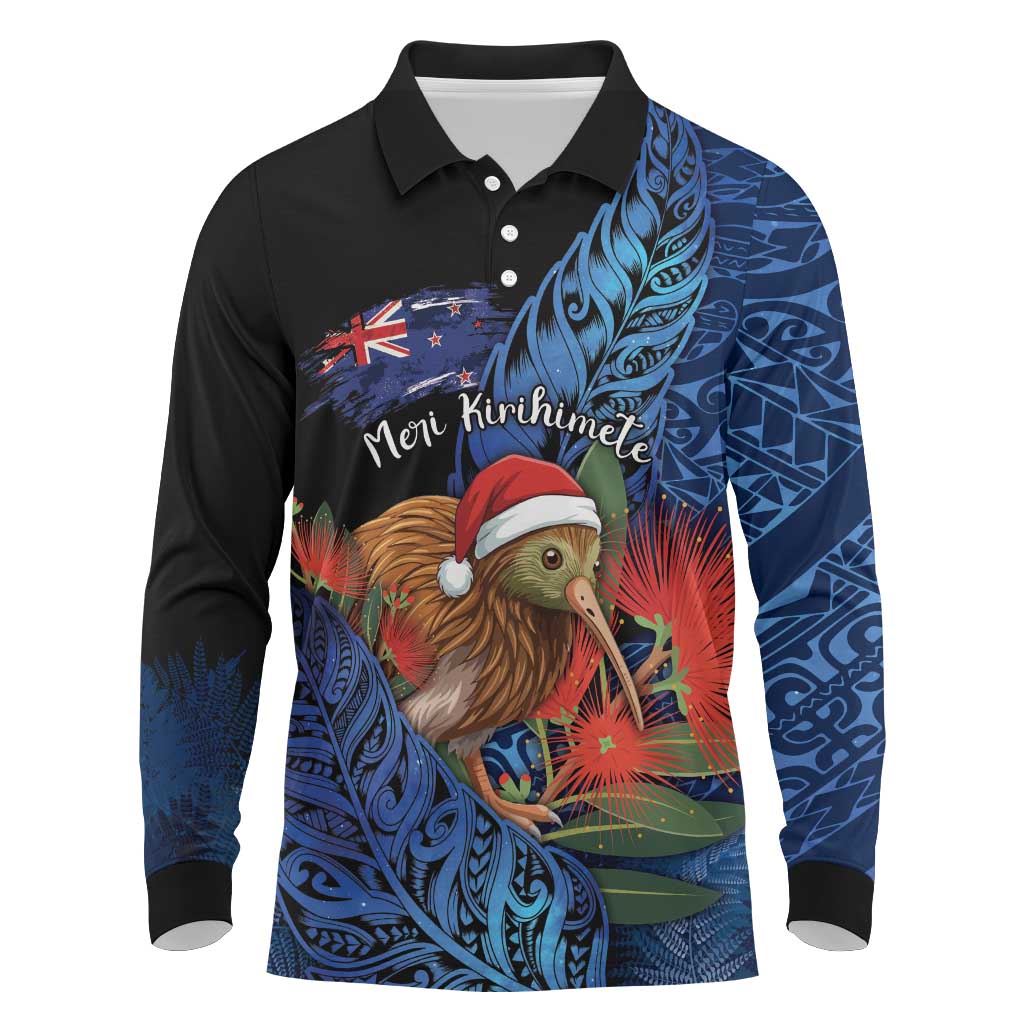 Personalised New Zealand Christmas Long Sleeve Polo Shirt Santa Kiwi Bird With Pohutukawa Flowers DT05 Navy - Polynesian Pride