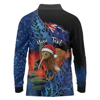 Personalised New Zealand Christmas Long Sleeve Polo Shirt Santa Kiwi Bird With Pohutukawa Flowers DT05 - Polynesian Pride