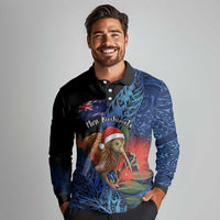 Personalised New Zealand Christmas Long Sleeve Polo Shirt Santa Kiwi Bird With Pohutukawa Flowers DT05 - Polynesian Pride