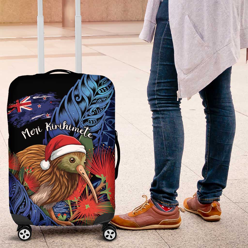 New Zealand Christmas Luggage Cover Santa Kiwi Bird With Pohutukawa Flowers DT05 Navy - Polynesian Pride