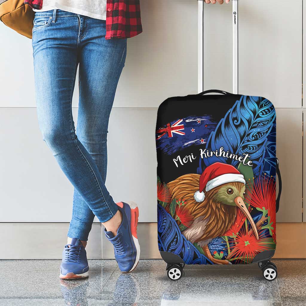 New Zealand Christmas Luggage Cover Santa Kiwi Bird With Pohutukawa Flowers DT05 - Polynesian Pride