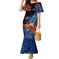 Personalised New Zealand Christmas Mermaid Dress Santa Kiwi Bird With Pohutukawa Flowers DT05 Women Navy - Polynesian Pride