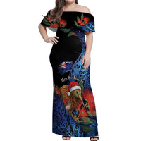 Personalised New Zealand Christmas Off Shoulder Maxi Dress Santa Kiwi Bird With Pohutukawa Flowers DT05 Women Navy - Polynesian Pride
