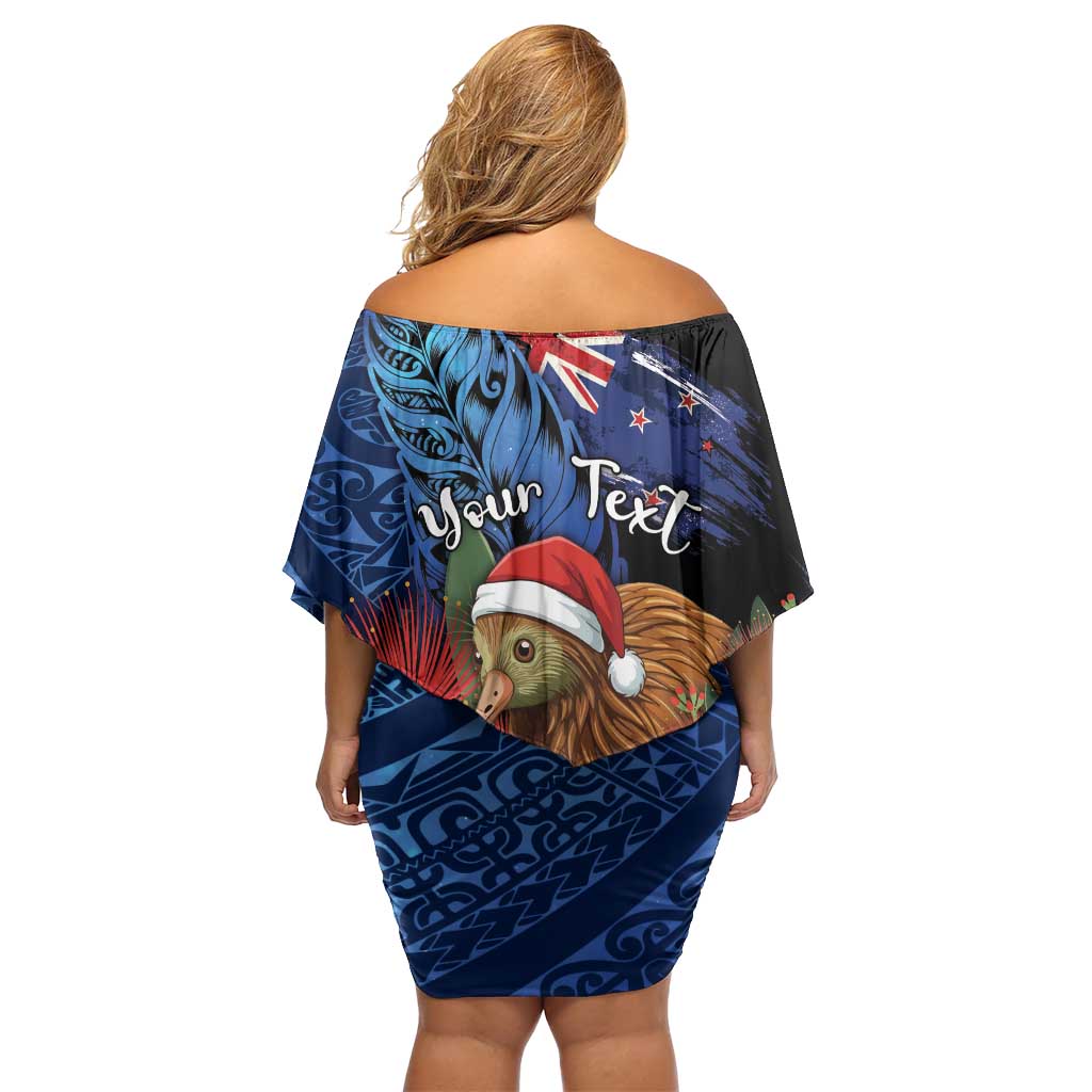 Personalised New Zealand Christmas Off Shoulder Short Dress Santa Kiwi Bird With Pohutukawa Flowers DT05 - Polynesian Pride