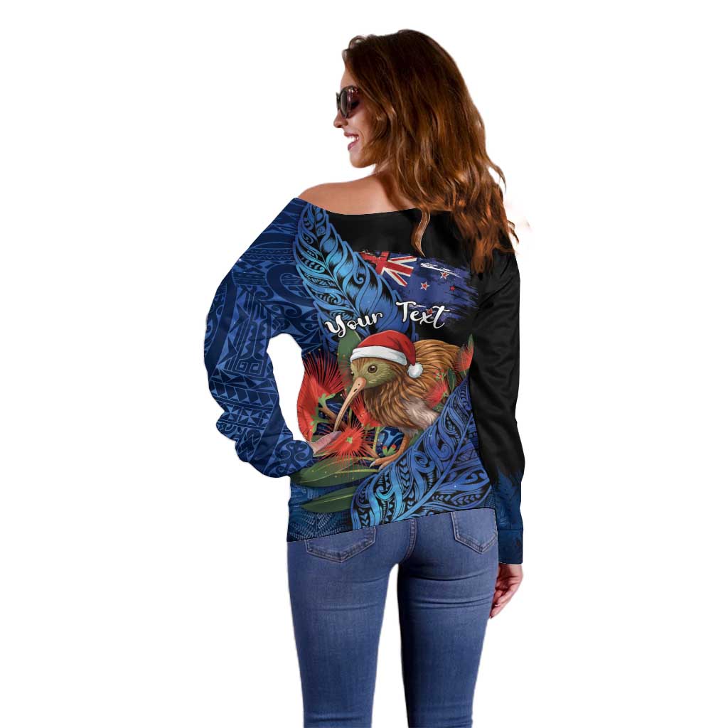 Personalised New Zealand Christmas Off Shoulder Sweater Santa Kiwi Bird With Pohutukawa Flowers - Polynesian Pride