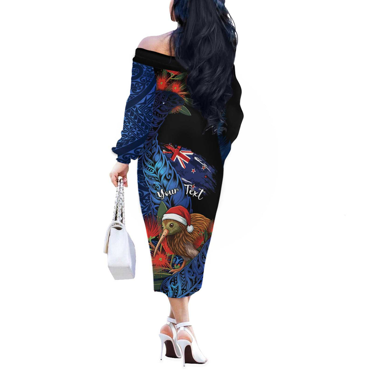 Personalised New Zealand Christmas Off The Shoulder Long Sleeve Dress Santa Kiwi Bird With Pohutukawa Flowers DT05 - Polynesian Pride