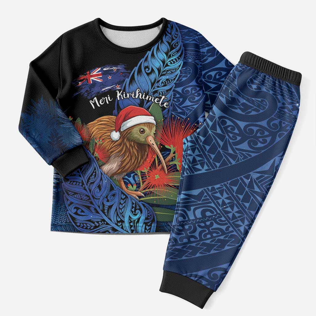 Personalised New Zealand Christmas Pajama Set Santa Kiwi Bird With Pohutukawa Flowers - Polynesian Pride