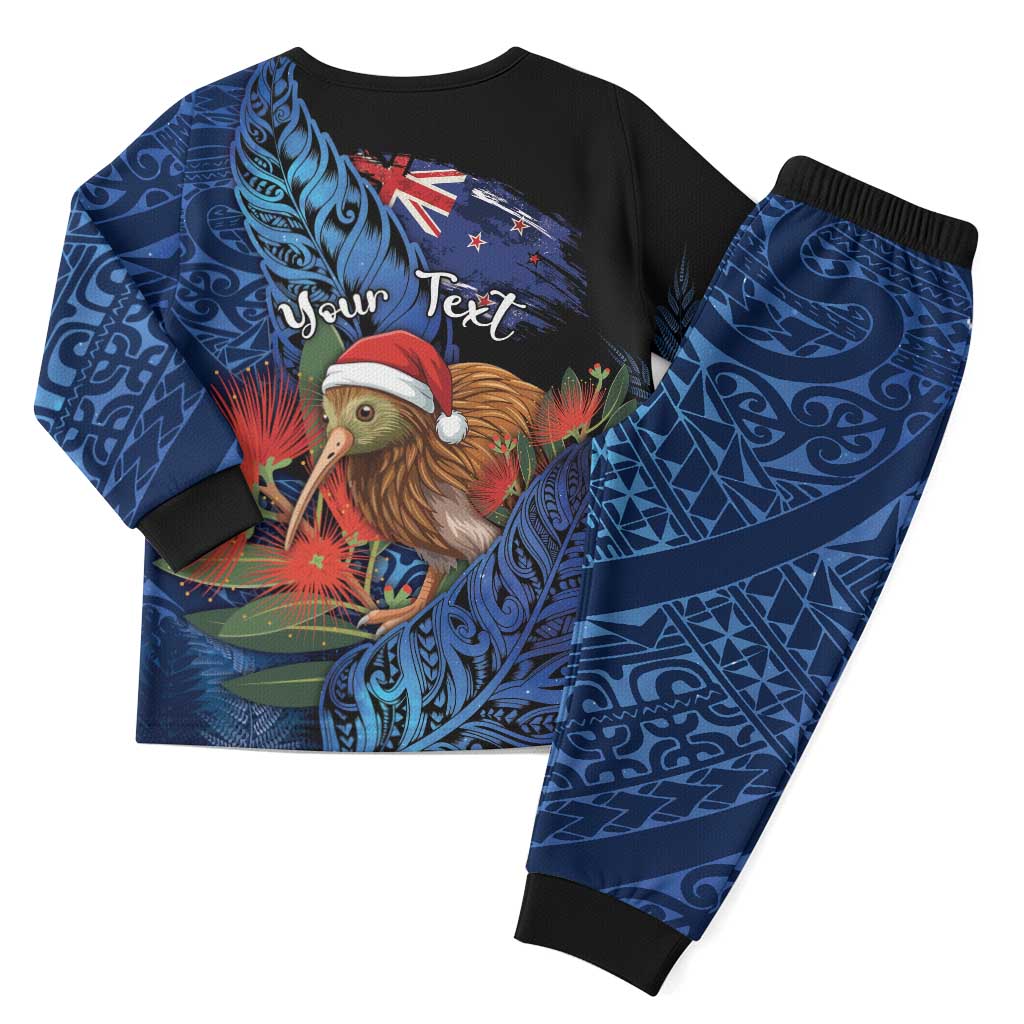 Personalised New Zealand Christmas Pajama Set Santa Kiwi Bird With Pohutukawa Flowers - Polynesian Pride