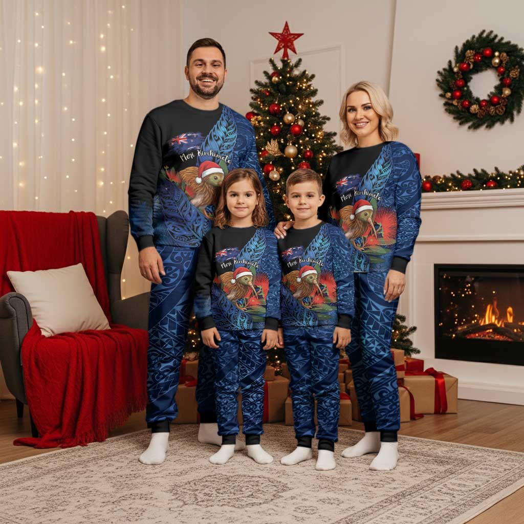 Personalised New Zealand Christmas Pajama Set Santa Kiwi Bird With Pohutukawa Flowers - Polynesian Pride