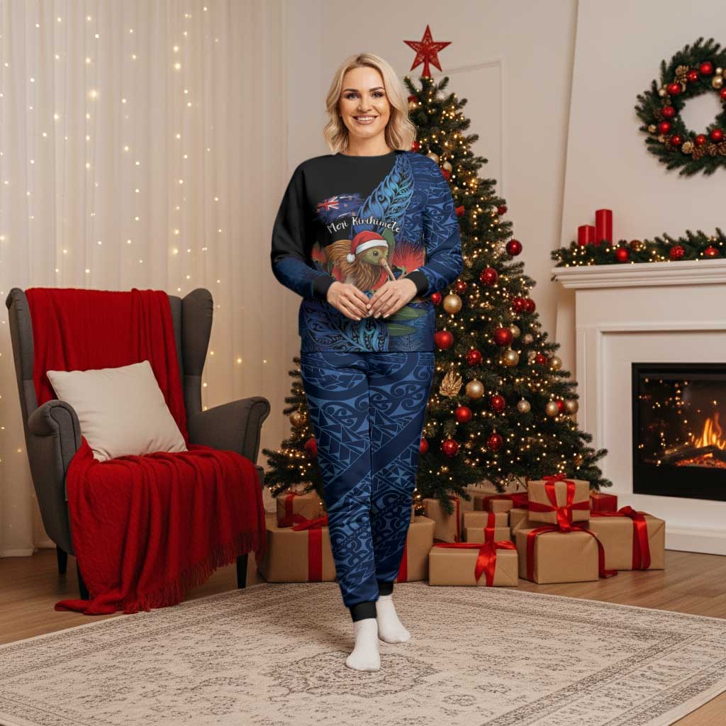 Personalised New Zealand Christmas Pajama Set Santa Kiwi Bird With Pohutukawa Flowers - Polynesian Pride
