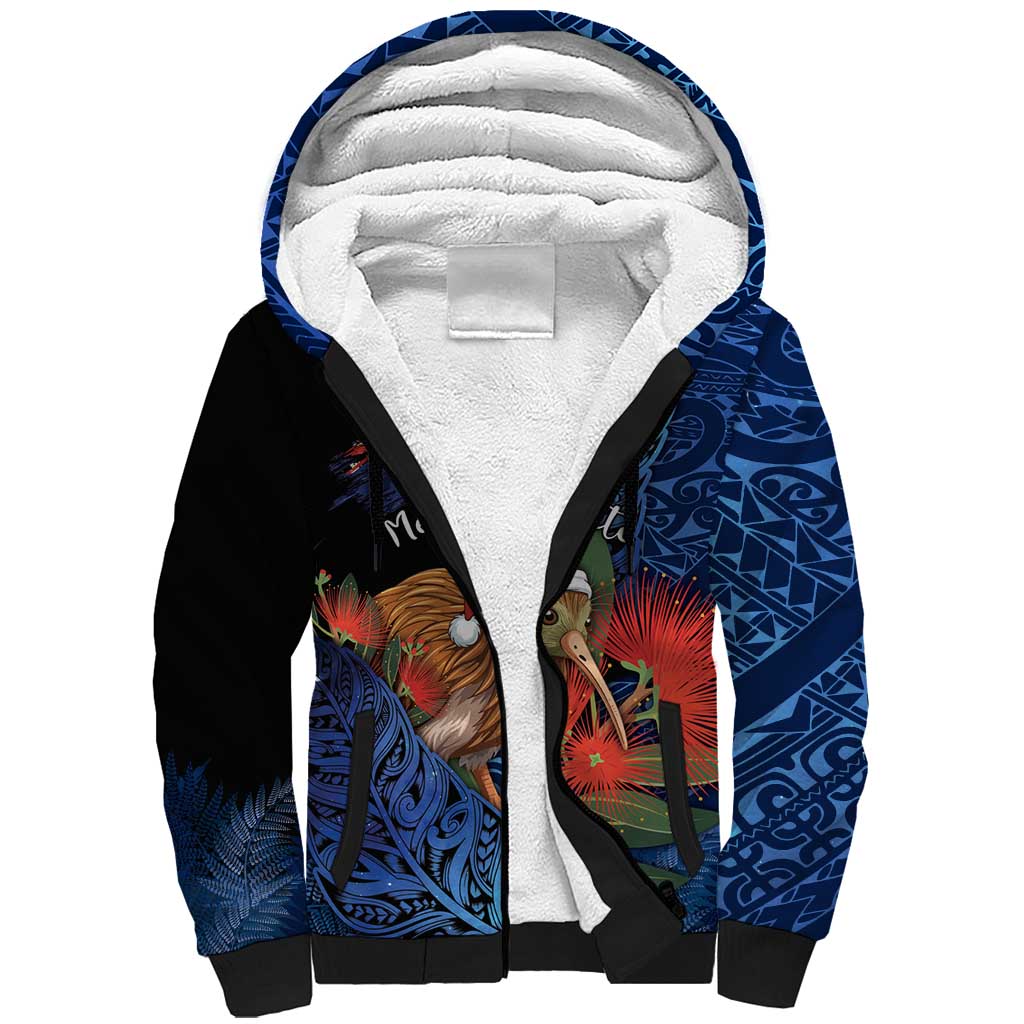 Personalised New Zealand Christmas Sherpa Hoodie Santa Kiwi Bird With Pohutukawa Flowers DT05 Unisex Navy - Polynesian Pride