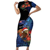 Personalised New Zealand Christmas Short Sleeve Bodycon Dress Santa Kiwi Bird With Pohutukawa Flowers DT05 Long Dress Navy - Polynesian Pride