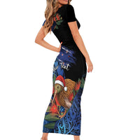 Personalised New Zealand Christmas Short Sleeve Bodycon Dress Santa Kiwi Bird With Pohutukawa Flowers DT05 - Polynesian Pride