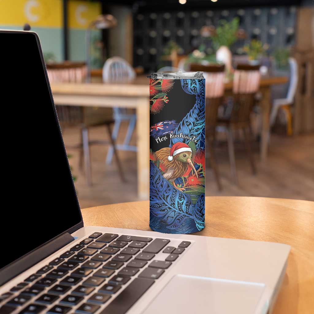 Personalised New Zealand Christmas Skinny Tumbler Santa Kiwi Bird With Pohutukawa Flowers DT05 - Polynesian Pride