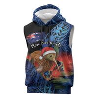 Personalised New Zealand Christmas Sleeveless Hoodie Santa Kiwi Bird With Pohutukawa Flowers DT05 Navy - Polynesian Pride