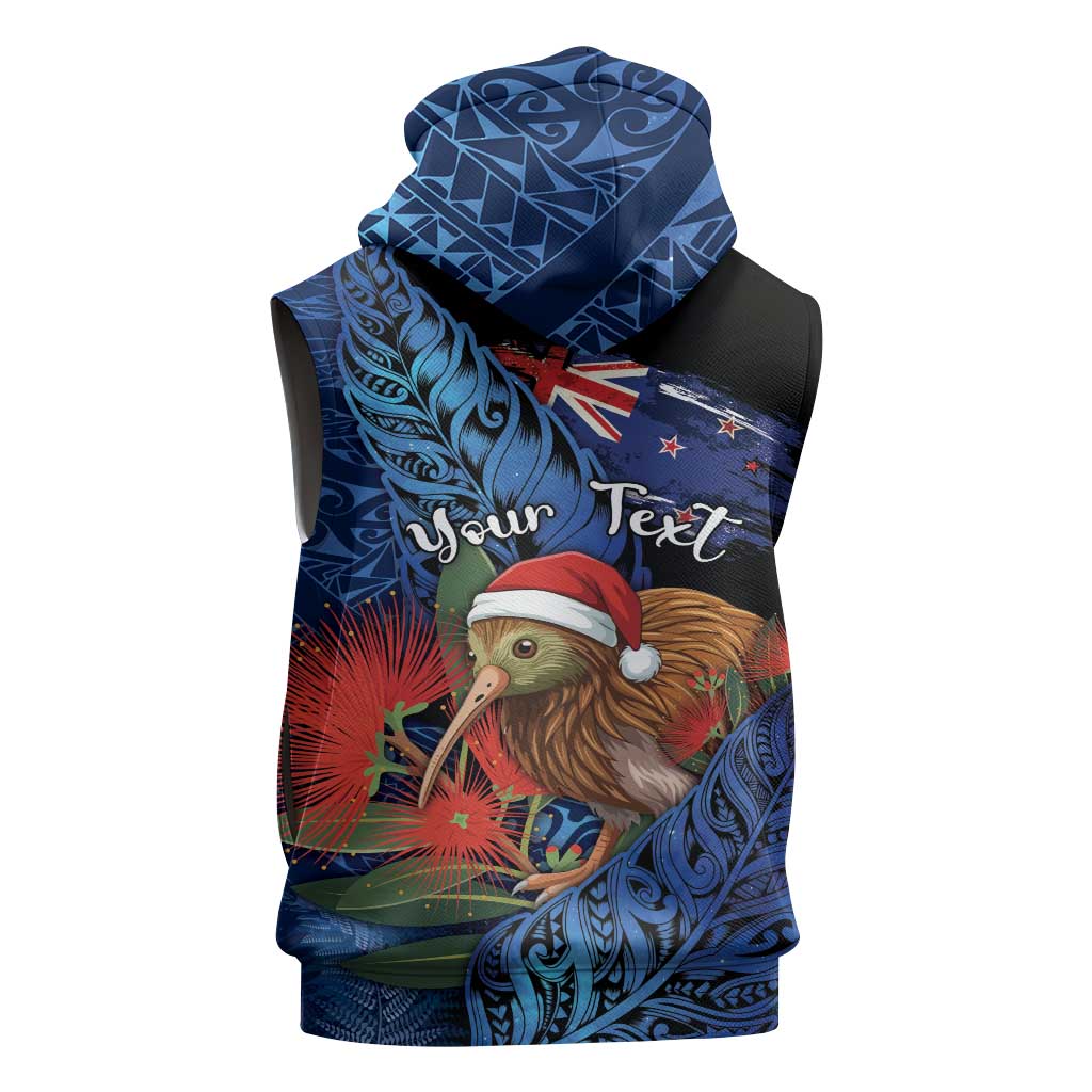 Personalised New Zealand Christmas Sleeveless Hoodie Santa Kiwi Bird With Pohutukawa Flowers DT05 - Polynesian Pride