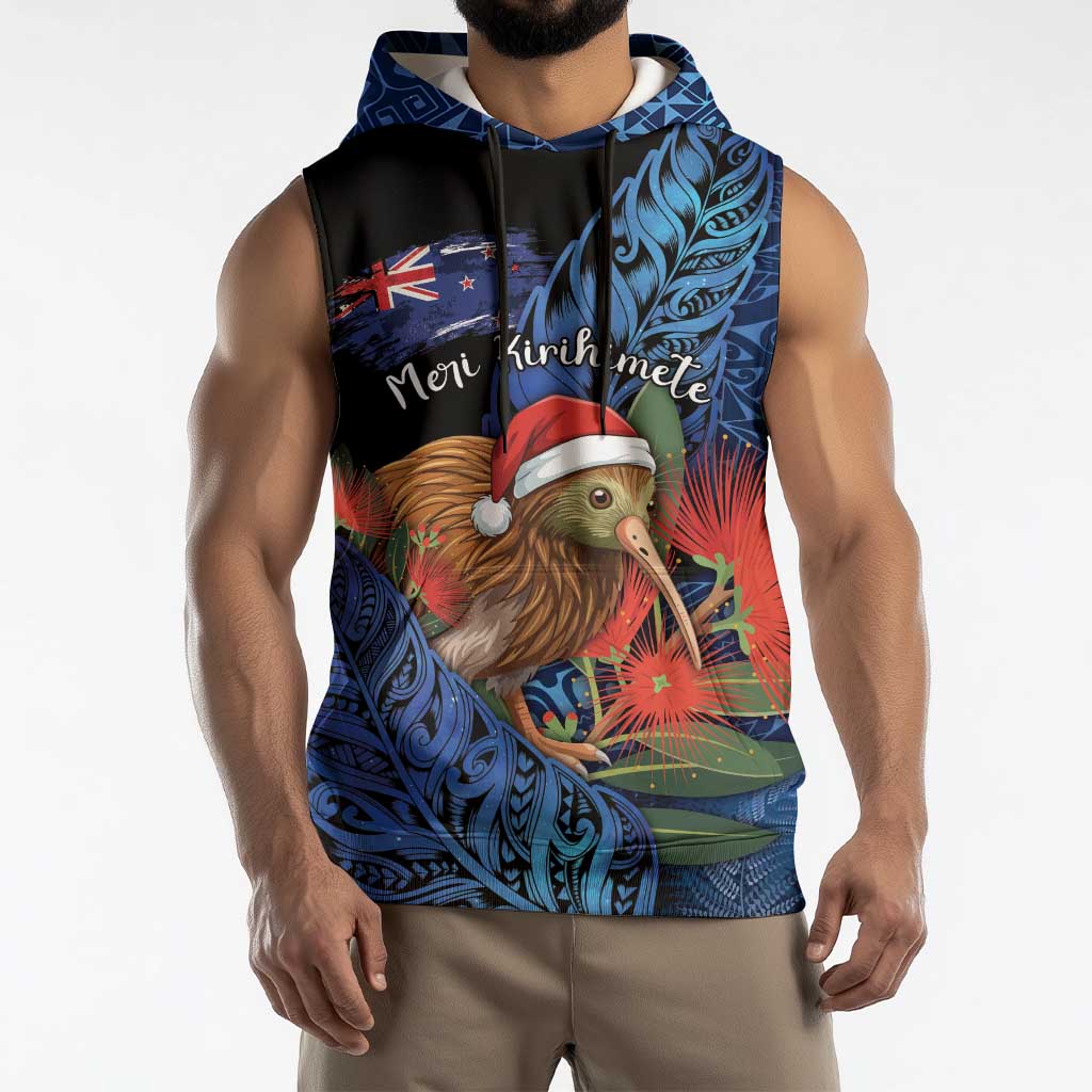 Personalised New Zealand Christmas Sleeveless Hoodie Santa Kiwi Bird With Pohutukawa Flowers DT05 - Polynesian Pride